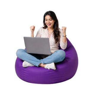 Girl with laptop seating in bean bag png PNG