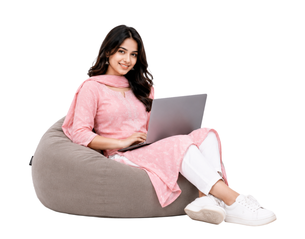 Nepali girl with laptop seating in bean bag png transparent PNG