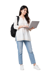 Cute university girl full image with laptop png PNG