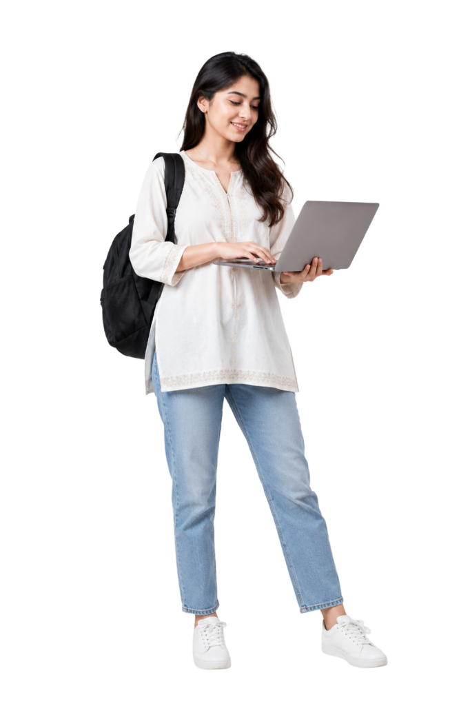 Cute university girl full image with laptop png transparent PNG image