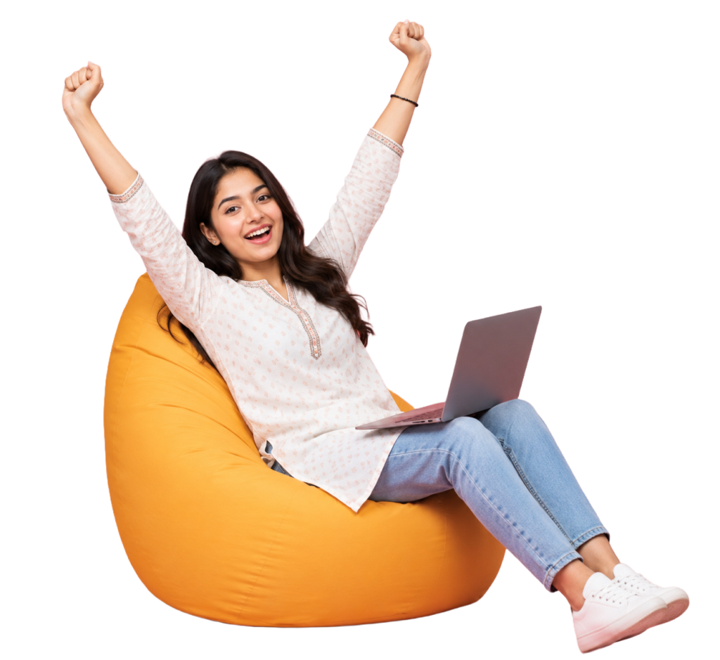 Happy Girl With Laptop seating in bean bag png transparent PNG image