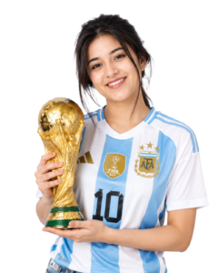 Girl with Argentina jersey carrying worldcup 2026 cup png PNG