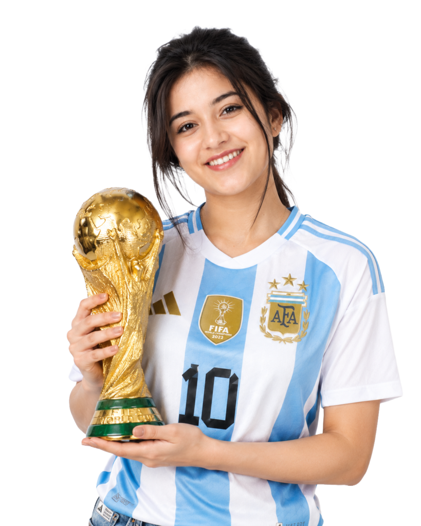 Girl with Argentina jersey carrying worldcup 2026 cup png transparent PNG