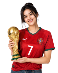 Girl wearing Portugal jersey carrying worldcup 2026 cup PNG