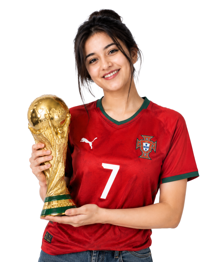 Girl wearing Portugal jersey carrying worldcup 2026 cup transparent PNG