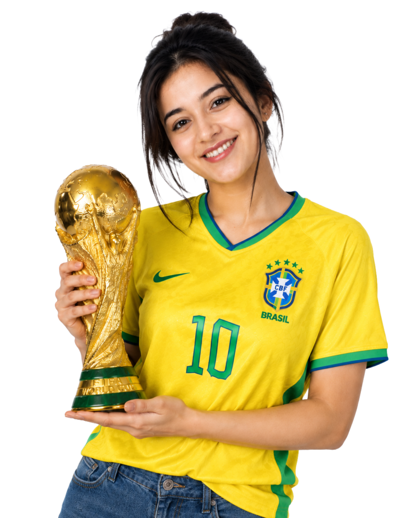 Girl Wearing Brazil jersey with Worldcup Cup png transparent PNG