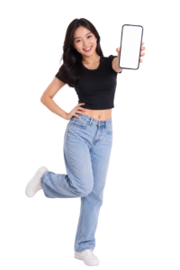 Girl Showing Mobile phone screen png PNG